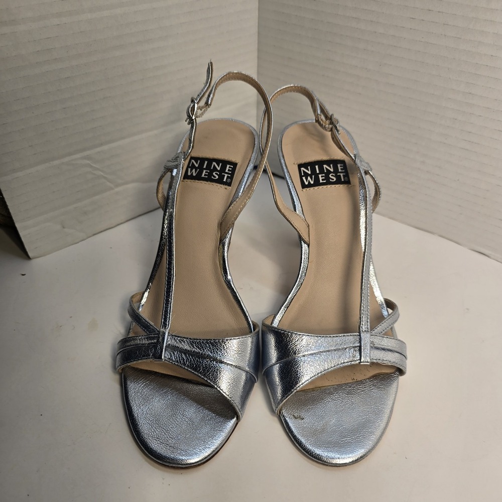 Nine West Silver Metallic Strappy Slingback Sandals Stiletto Heels Womens 7M